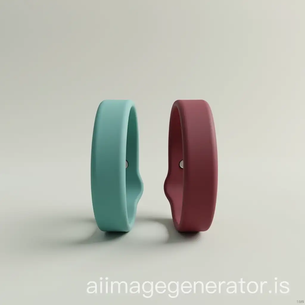 Create a realistic mockup of two silicone wristbands placed side by side on a neutral background. One wristband should be in the color #00aaa1 (teal/aqua), and the other in #8b1e3f (dark red/burgundy). The wristbands should be clean, minimal, and slightly glossy, with no text or logos. The scene should have soft lighting and subtle shadows to emphasize the 3D shape and color of each band.