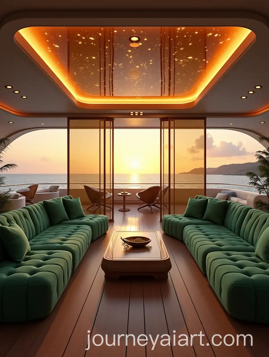 Luxury-Futuristic-Yacht-Interior-Design-with-Green-Furniture-and-Amber-Glass-Walls