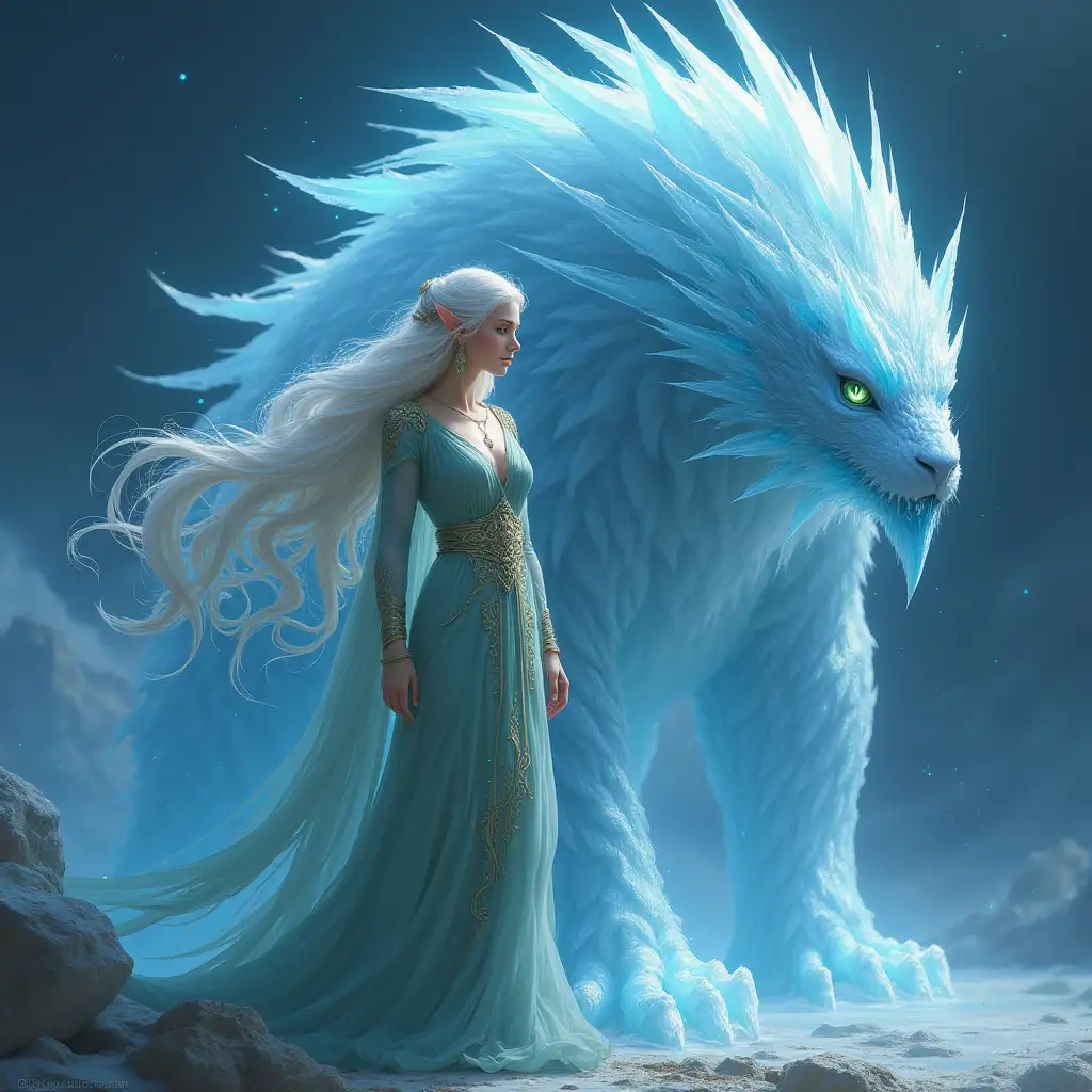 an elven lady, standing tall and graceful with flowing silver hair that glows under the moonlight. Her eyes sparkle like emeralds, reflecting wisdom and a deep connection to nature. She’s donned in elegant robes of ethereal fabrics, woven with threads of gold and enchanted with subtle glimmers of light. Beside her stands a majestic ice monster—a creature of sheer power and grace. Its body is composed of crystalline ice, shimmering with shades of blue and white, resembling the frost-kissed peaks of a mystical mountain. The ice monster’s eyes radiate a calm, ancient power, and it exudes an aura of protection, ensuring that no harm comes to its elven companion. Together, they look like an unbeatable duo, ready to face whatever adventures the enchanted realm has in store for them.