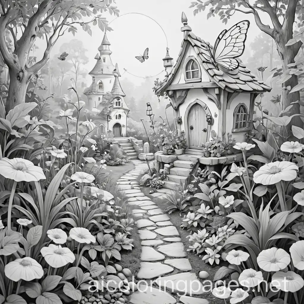 A fairy garden, Coloring Page, black and white, line art, white background, Simplicity, Ample White Space. The background of the coloring page is plain white to make it easy for young children to color within the lines. The outlines of all the subjects are easy to distinguish, making it simple for kids to color without too much difficulty