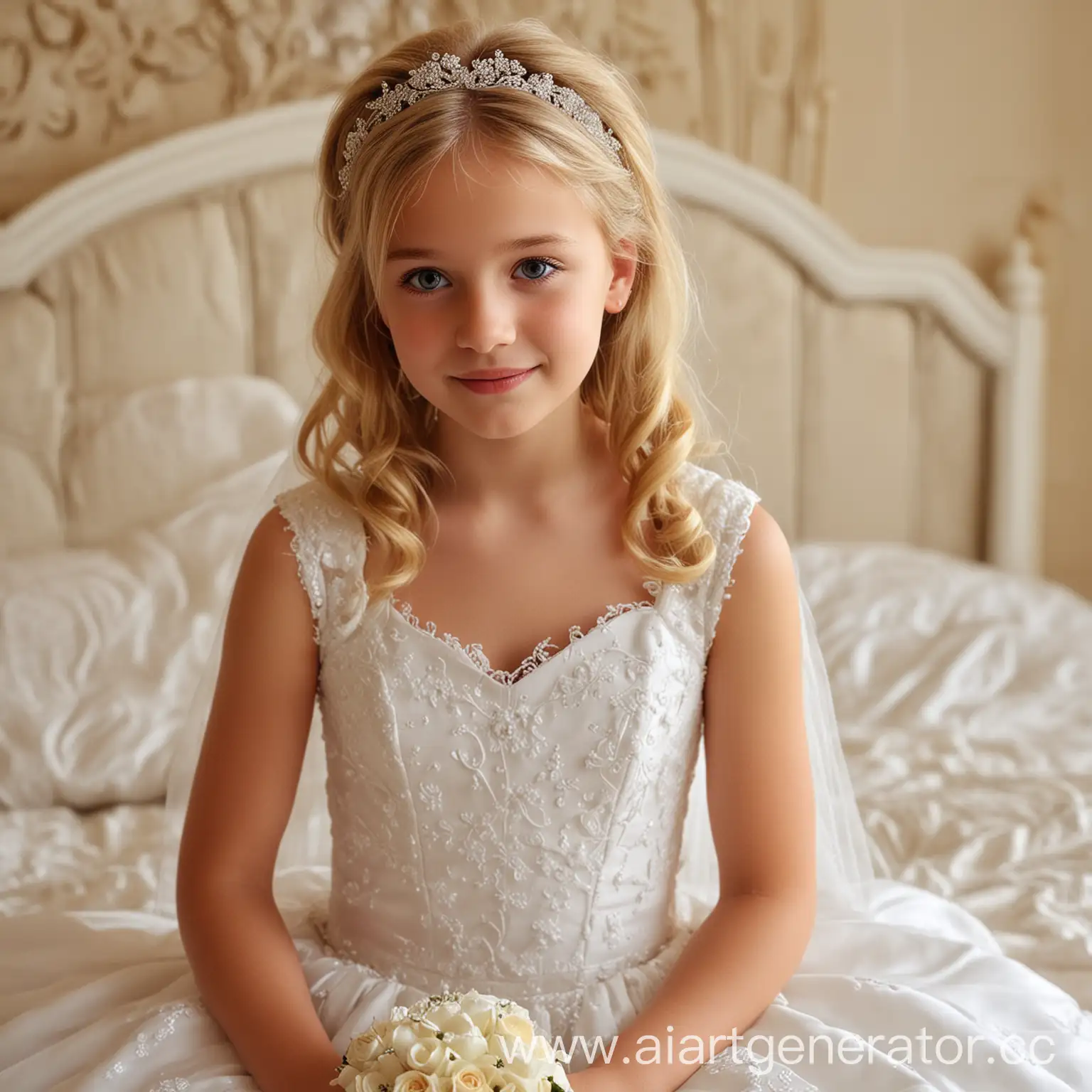 14YearOld-Girl-in-a-Blonde-Wedding-Dress-on-a-Bed