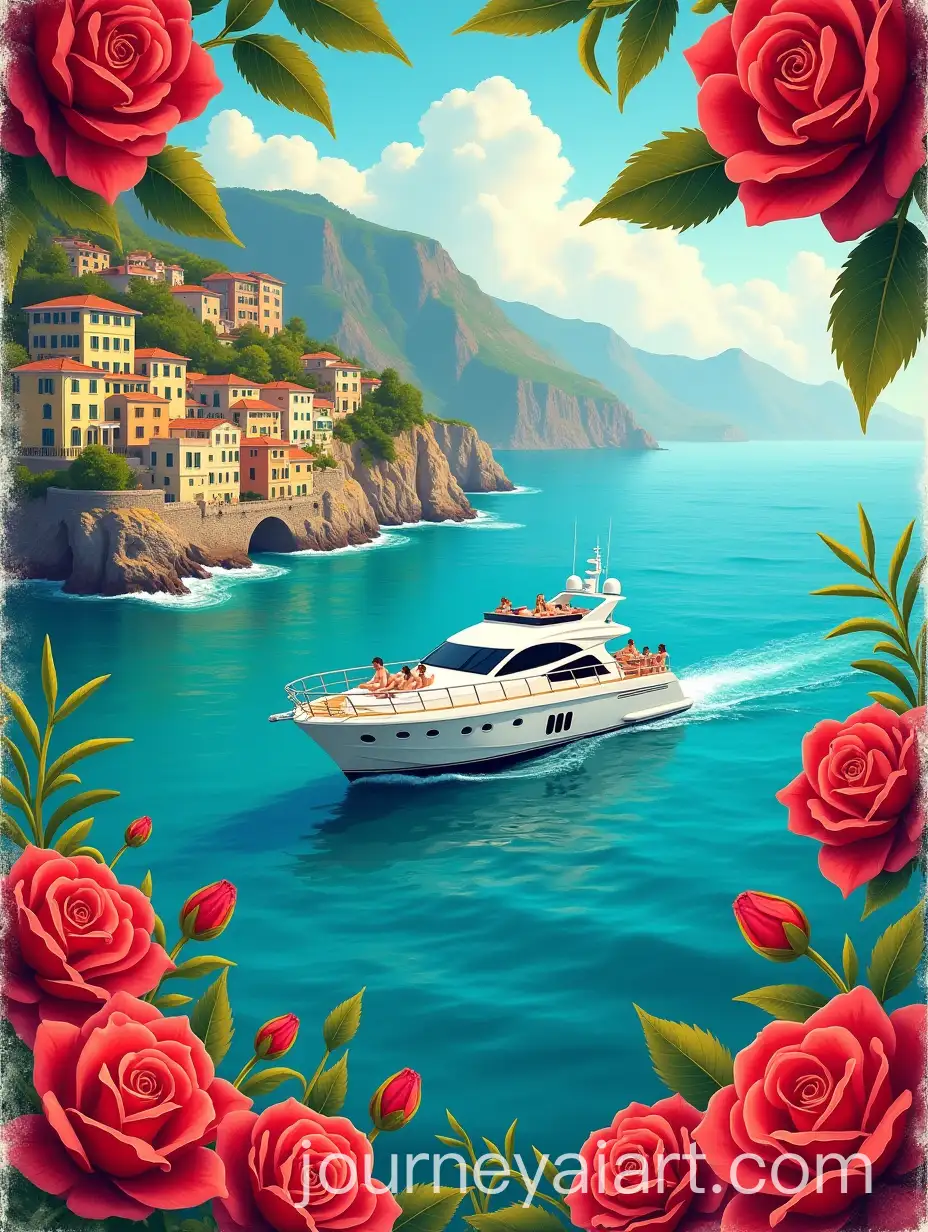 Vibrant-Vintage-Postcard-of-AmalAI-Art-Prompt-Expansionfi-Coast-with-Luxurious-Yacht-and-Tropical-Flowers