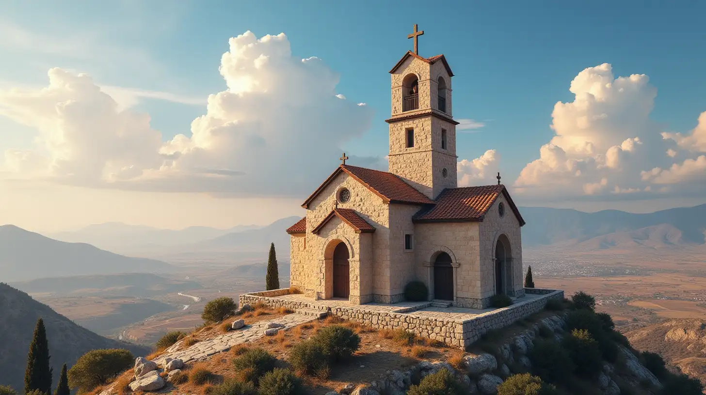 a high resolution church in which is located in an old city from the Biblical era on a mountainous terrain. A magnificent sky as a backdrop.