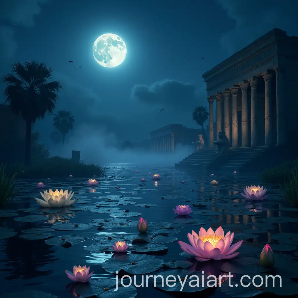 Mystical-Nocturnal-Scene-on-the-Nile-with-Lotus-Flowers-and-Ancient-Egyptian-Ruins
