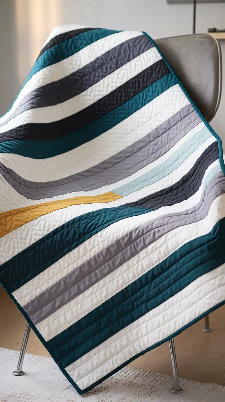 Modern-Baby-Quilt-with-Asymmetrical-Stripes-on-Minimalist-Nursery-Chair