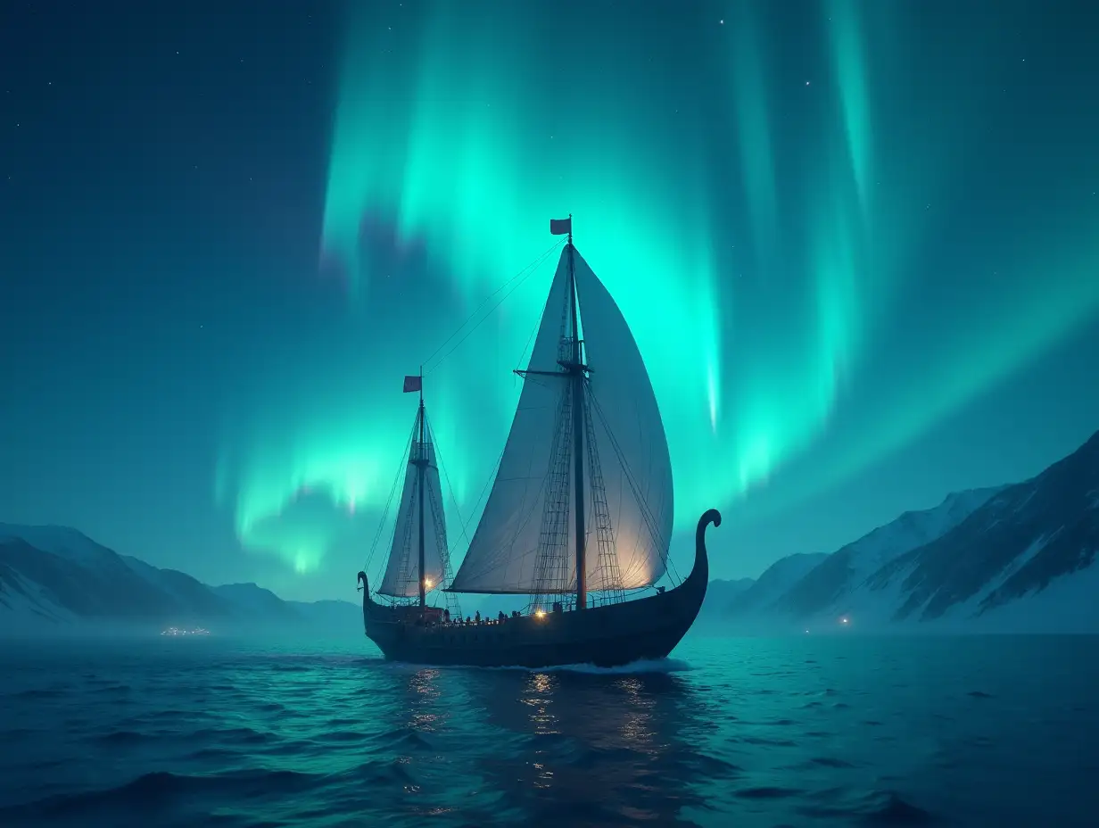 Viking-Ship-Sailing-Under-Aurora-Borealis-with-Mythical-Patterns-in-Sky