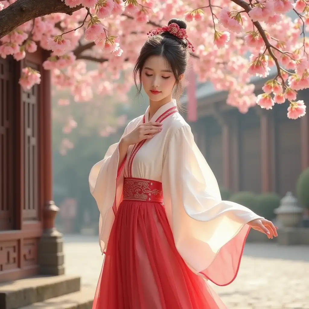 A 28-year-old Chinese girl is standing under a peach tree, wearing an ancient long dress, with the skirt color being red and white, and a hairpin in her hair