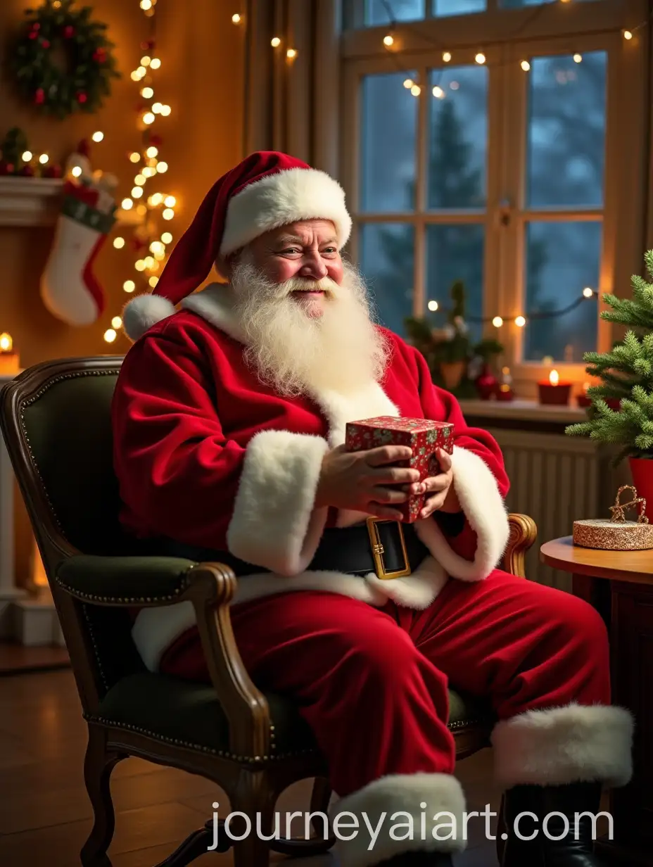 Santa-Smiling-in-Decorated-Home-Preparing-Gifts-for-Christmas-Tree-Pot