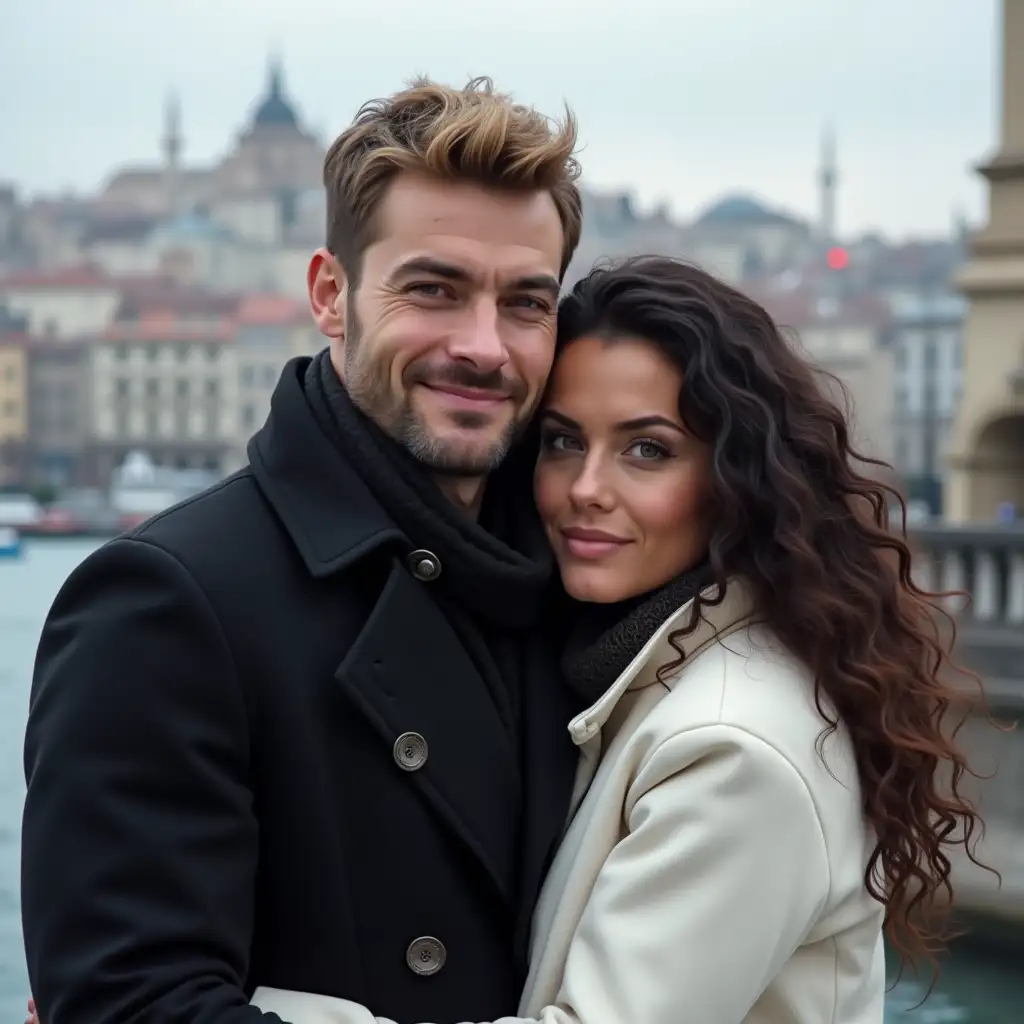 Handsome-European-Man-and-Woman-in-White-Coat-Embrace-with-Istanbul-in-the-Background