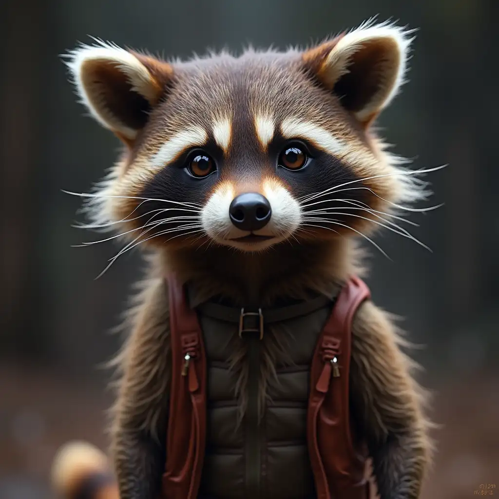 A raccoon from 'Guardians of the Galaxy' looking at you with a piercing gaze, standing full size