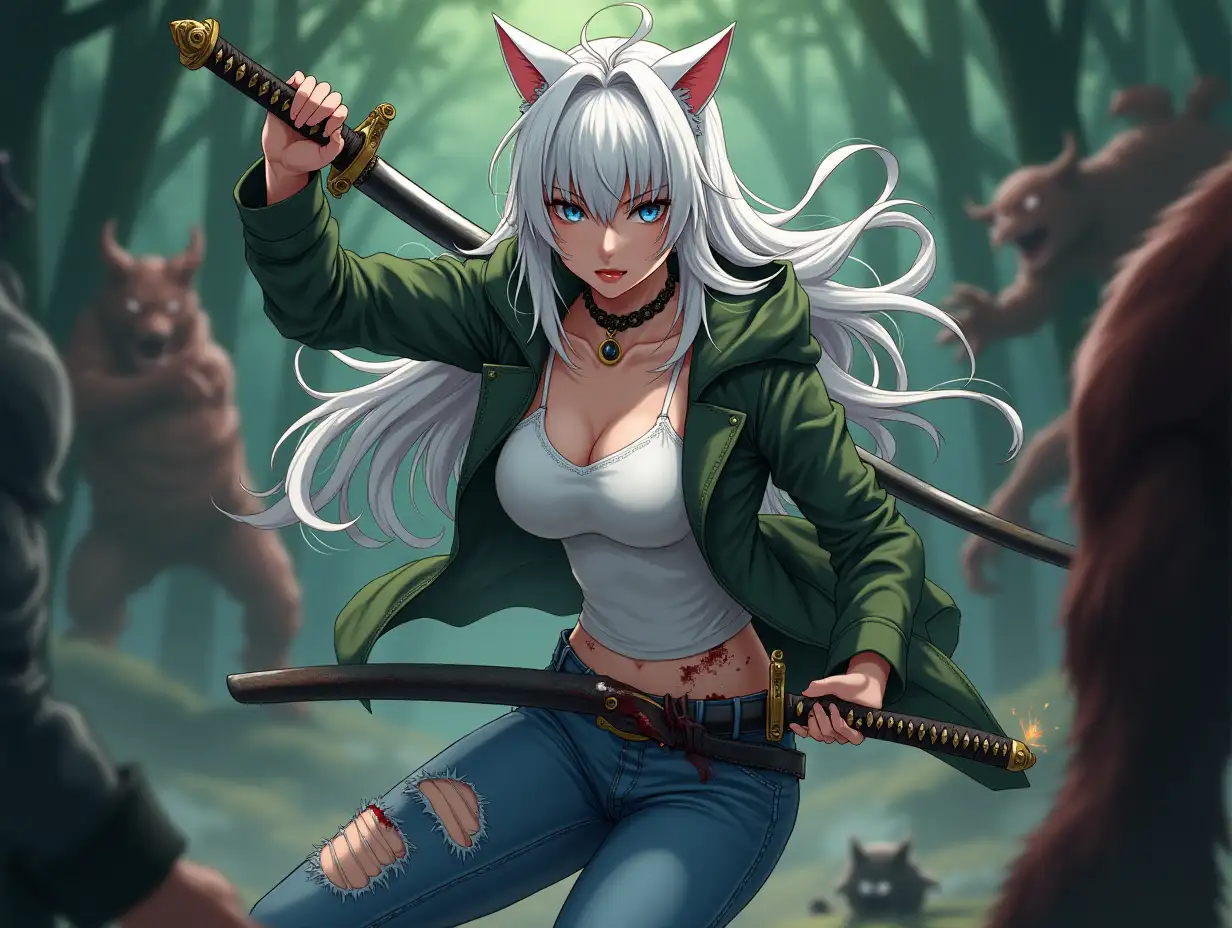 Anime mature adult woman in her 30's with big breast, blue eyes, black and gold earrings, a choker around her neck, long white hair and white cat ears on her head. Wearing her ripped blue jeans and battle ripped green jacket while fighting off monsters with her katana in the forest as her blade clashes with a monsters claw creating sparks. She is serious as blood drip down as she cuts off the monsters arm.