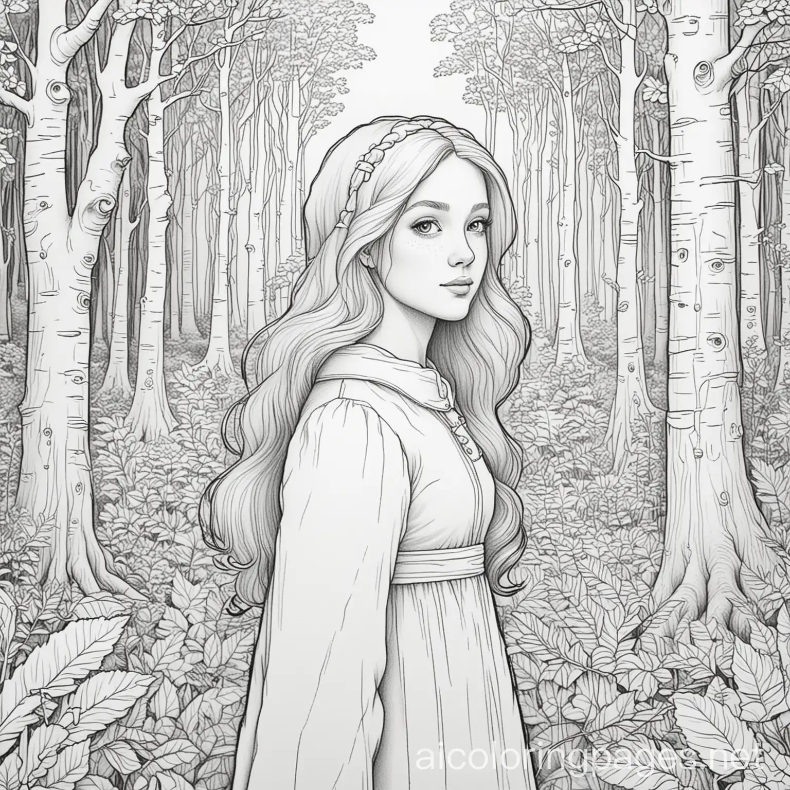 Lady-in-the-Forest-Coloring-Page-for-Children