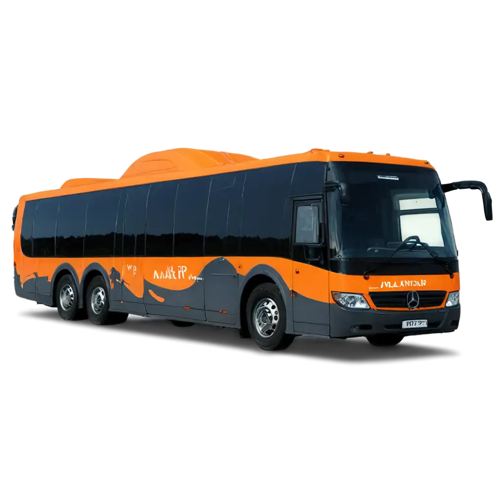 a Mercedes travel bus orange that the name is written next to amatur