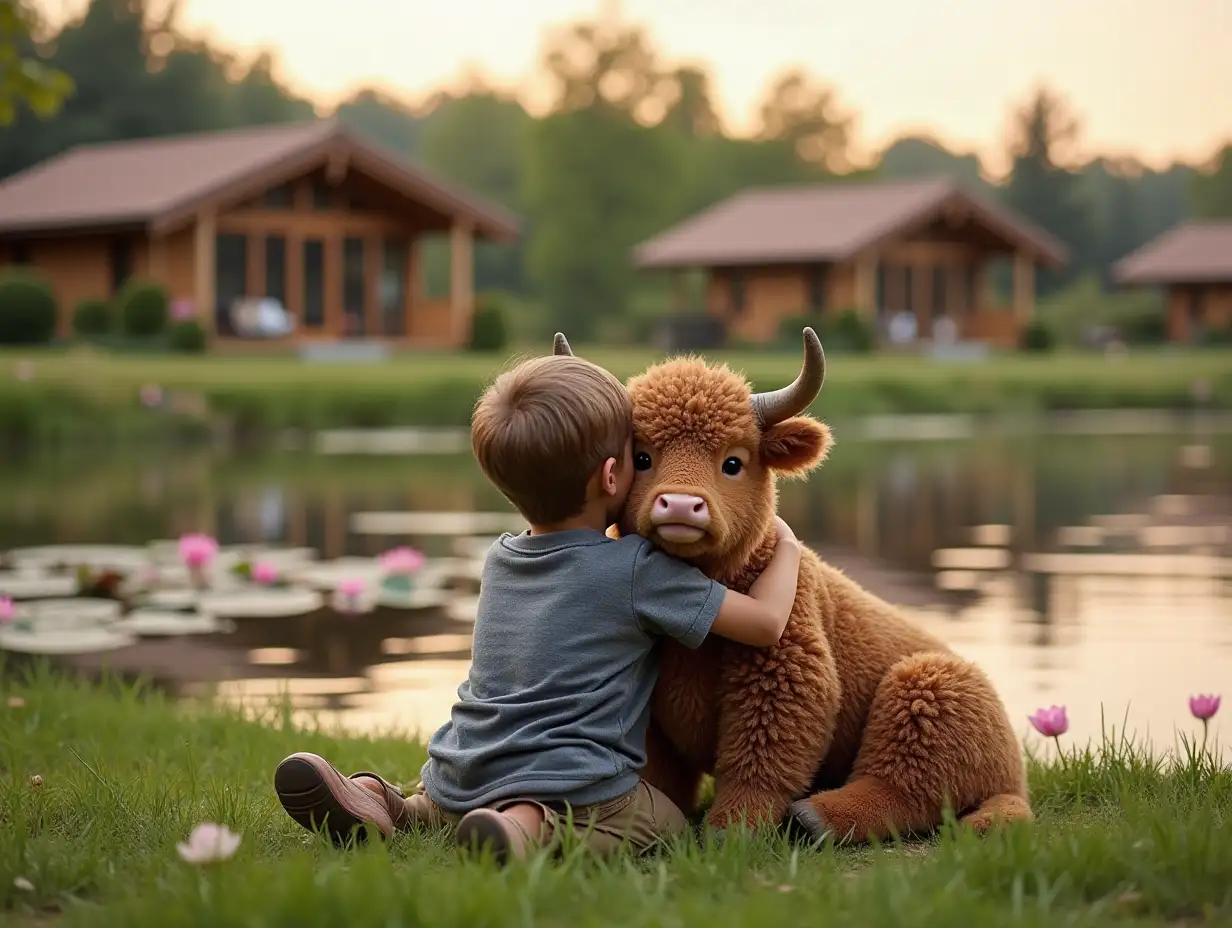 a cheerful boy sits on the grass and hugs 1 mini bull cow of the decorative Highland breed, very cute and very fluffy and plump, so that the wool sticks out in all directions and even falls on the eyes and nose of a brown color with very small horns, all this happens on a grassy lawn which is located on the shore of a huge eco-pond with crystal clear clean water and lots of pink lily pads and the pond has natural gentle grassy banks, similar to wild ponds, on the other side there are only 3 small one-story houses, located at some distance from each other and away from the shore of the pond, these houses have the appearance of single-storey chalets with a gable tiled roof, each roof slope is smooth without bending, each chalet is built from a system of wooden beams consisting only of vertical wooden beams, and only in the half-timbered style and between the glass beams the glass walls are panoramic windows in all walls from floor to roof, that is, each wall is a panoramic window, at sunset and in the reflections of sunset light, the foreground view is in focus, and the background is blurred, realistic