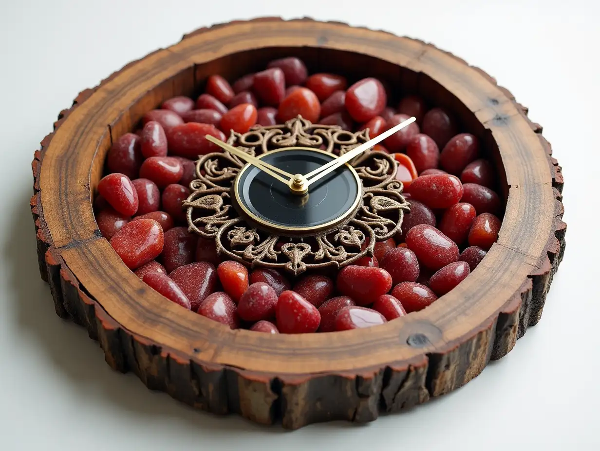 Harz mixed with wood, wall clock with red stone, white gold black