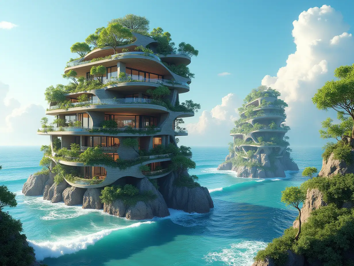 Create a high-resolution, realistic image of a panorama of a futuristic terrace building with window snail house with many plants and gray and brown facades with sea with very large waves, large trees, blue sky