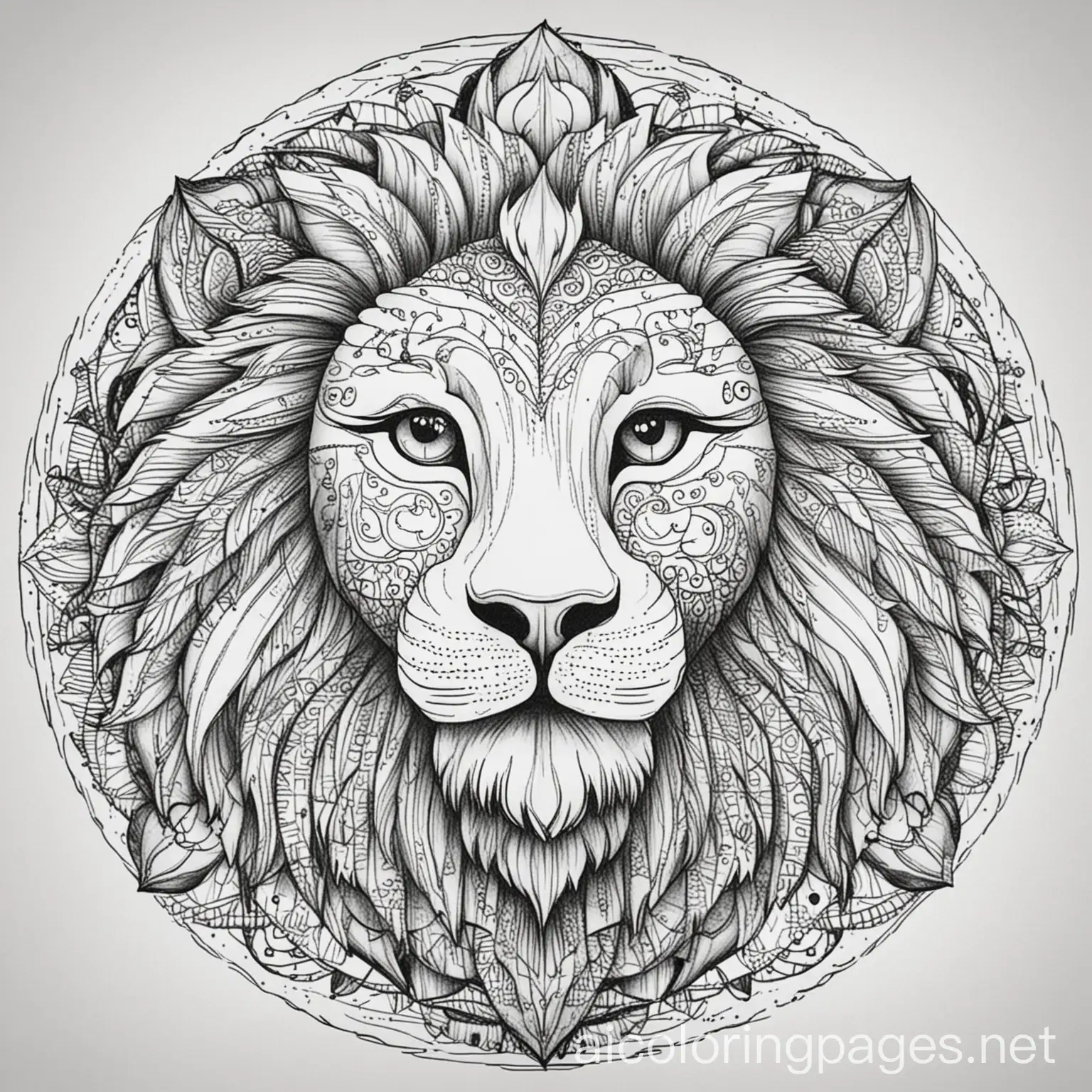 coloring page for adult, a head of a lion, mandala pattern, Coloring Page, black and white, line art, white background, Simplicity, Ample White Space. The background of the coloring page is plain white to make it easy for young children to color within the lines. The outlines of all the subjects are easy to distinguish, making it simple for kids to color without too much difficulty