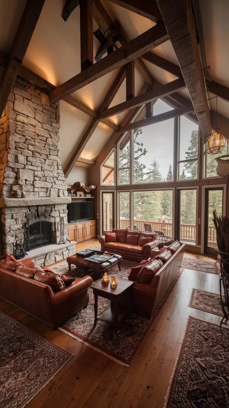 Wide interior shot, luxury rustic cabin living room, high ceilings with exposed beams, large stone fireplace, plush leather furniture, hardwood floors with rugs, floor-to-ceiling windows overlooking forest, upscale rustic decor, warm lighting, elegant and comfortable, interior design photography, 8k