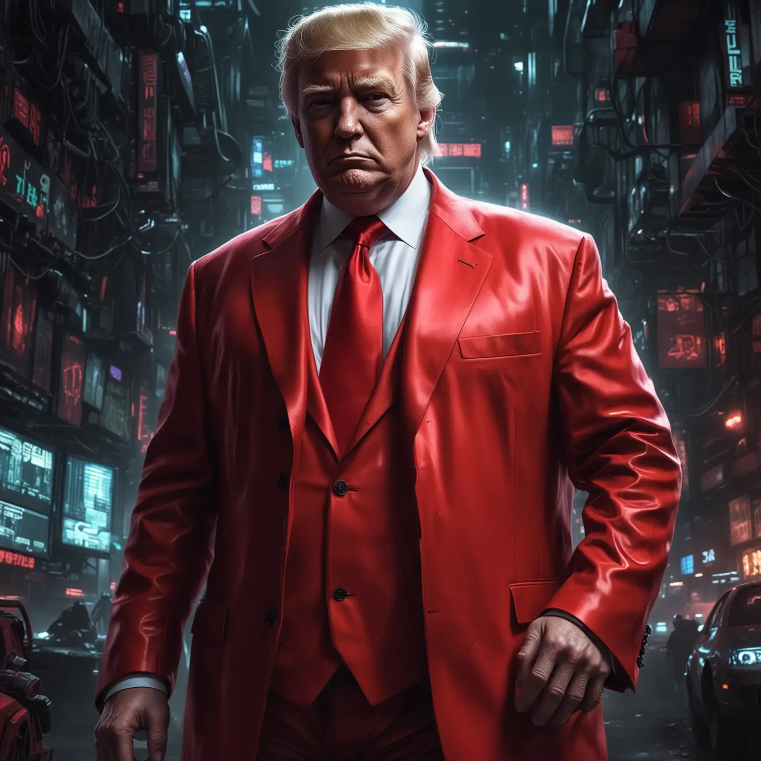 Donald Trump in a red suit in cyberpunk style