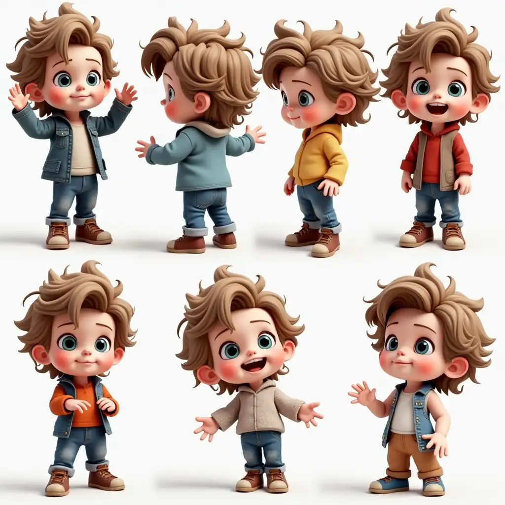 A picture of a super cute, super realistic 2 year old boy, with very beautiful wavy hair, a face beyond imagination, with big blue eyes and long eyelashes, in several different childish poses and with different and varied clothes, for montage on another background for future child photos.