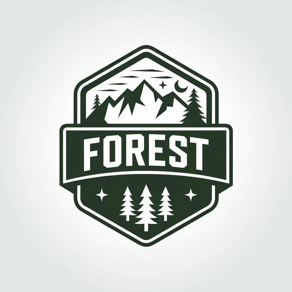 LOGO Design for Forest Elongated Hexagon Forest Camp with Mountains Pines and Moon for Entertainment Industry