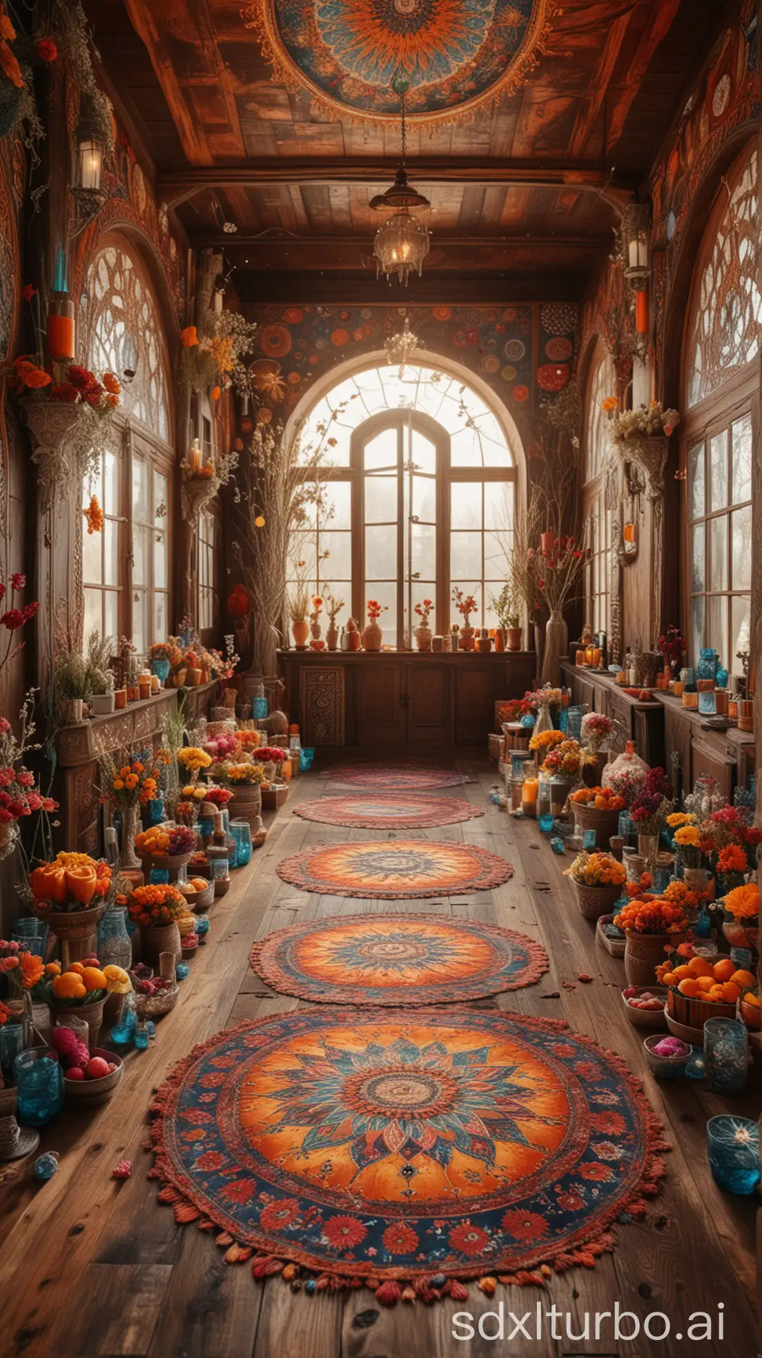 a vast luxury colorful hall in fantasy style, painted wooden boxes, glass cups, dried flowers, sun mandalas carpets, fruits, peaceful, cold nordic atmosphere, highly detailed