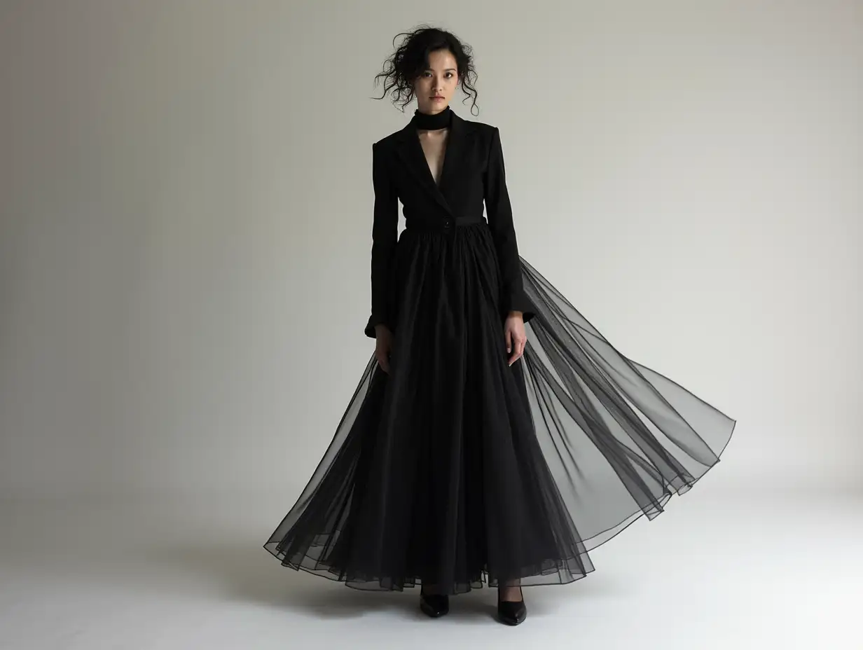 Generate a fashion setting where Yohji Yamamoto's minimalist garments contrast with the intricate beauty, creating a powerful visual narrative of simplicity and complexity.