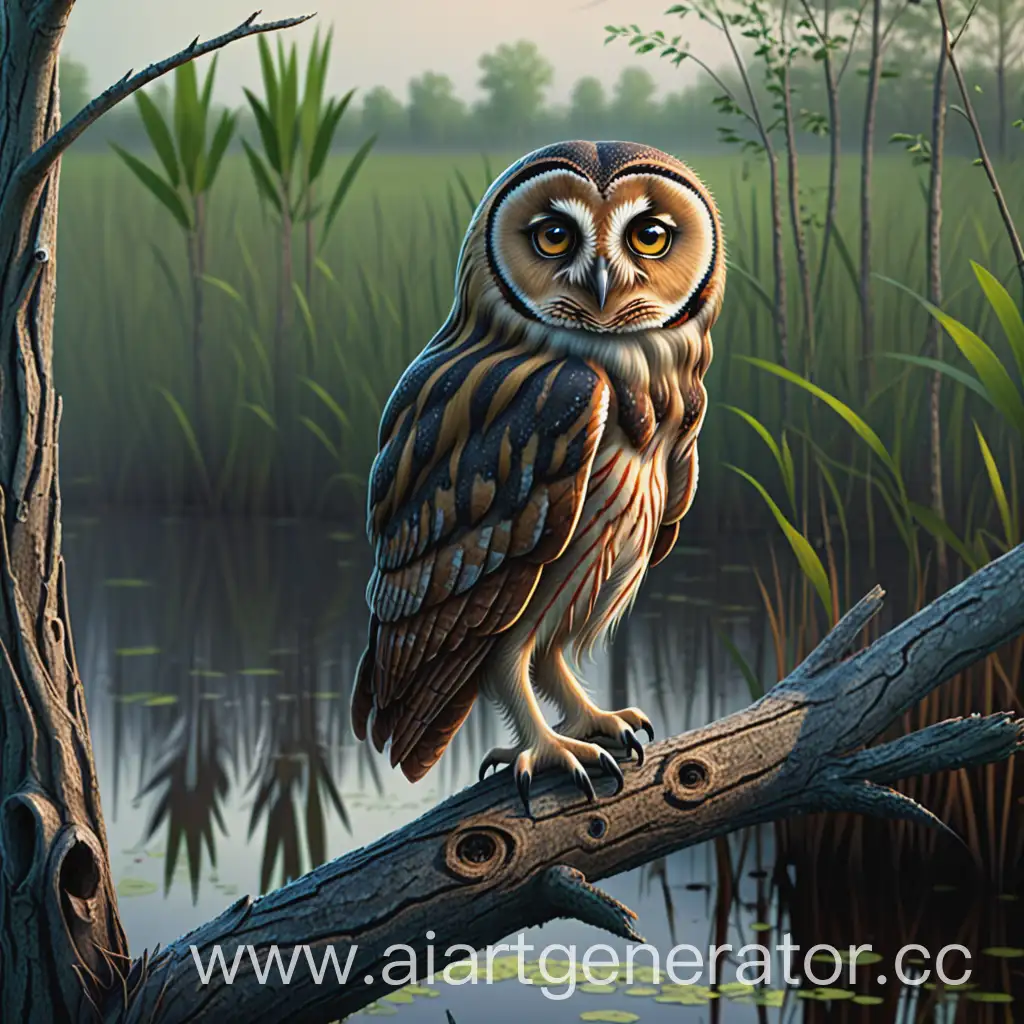 marsh owl sits on a tree branch above the swamp under it