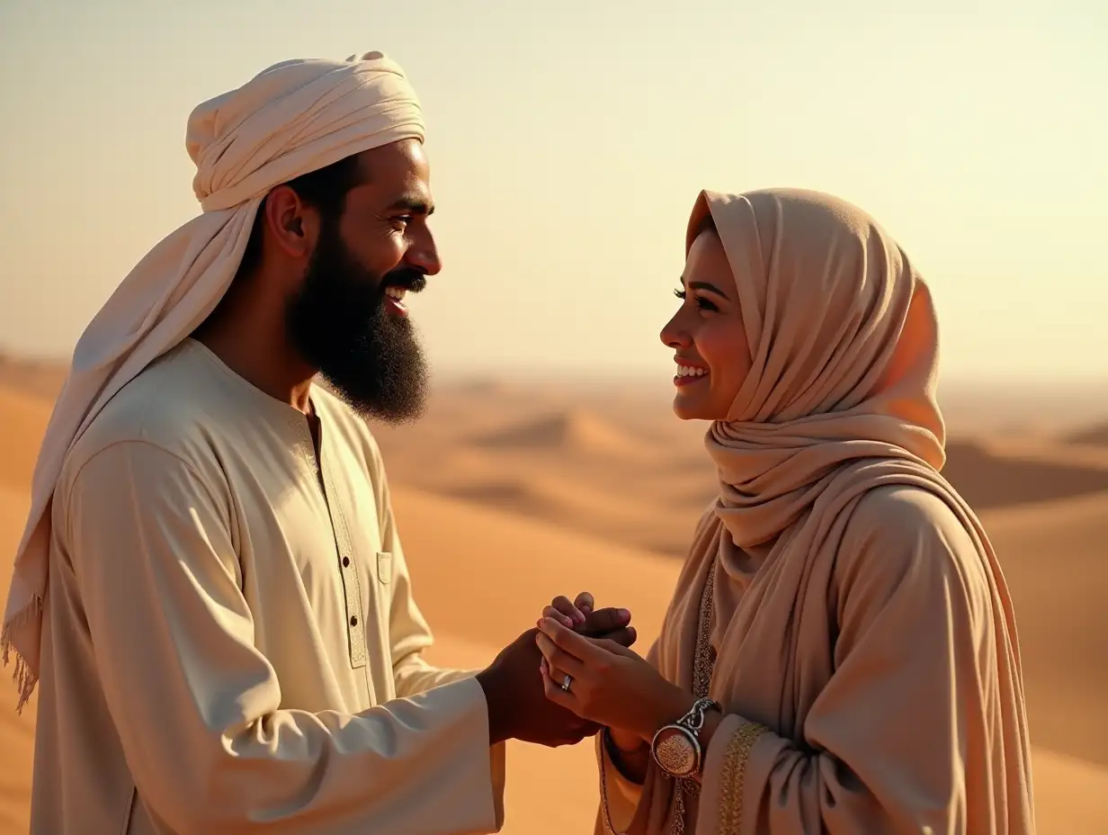 Muhammad (PBSL) receiving Khadidja’s marriage proposal with surprise and gratitude. His expression conveys humility and appreciation, set against a backdrop of a serene desert landscape.