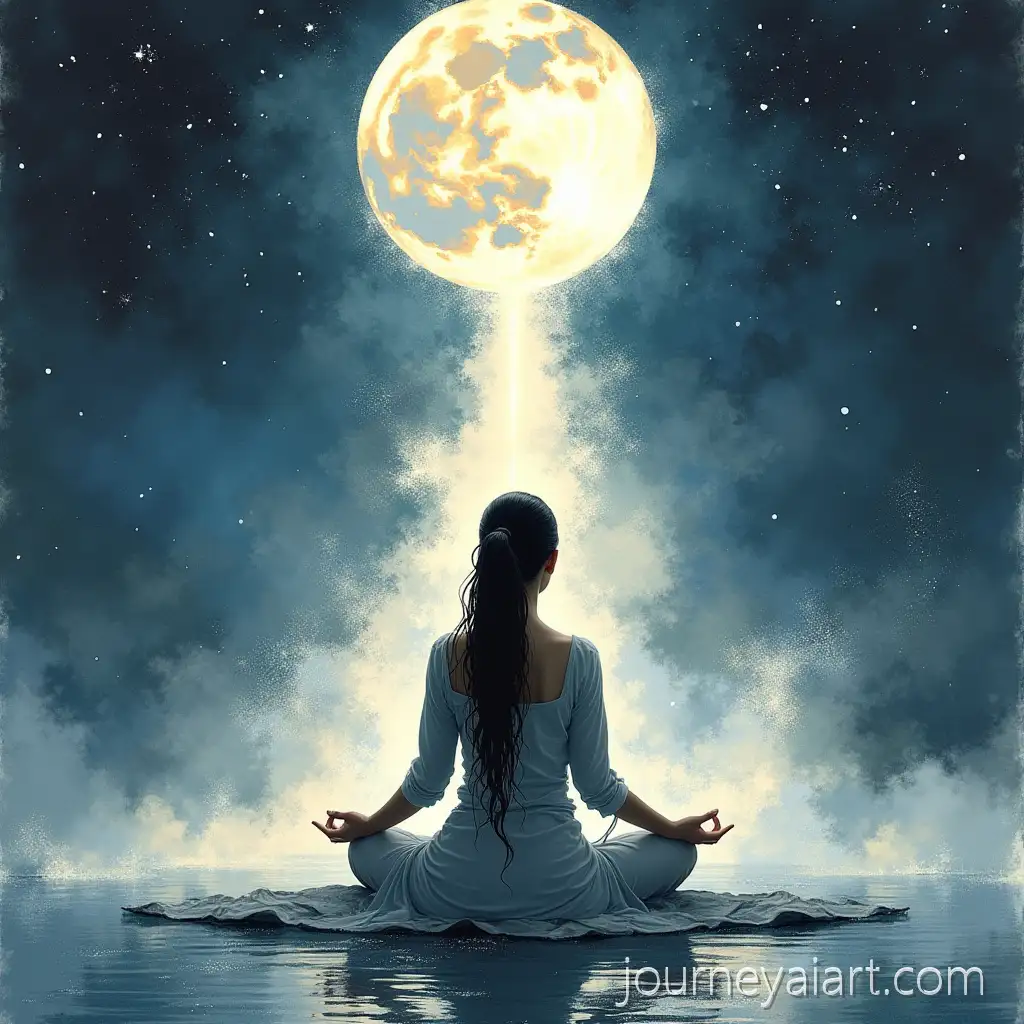 Woman-Meditating-with-Silver-MoonlightMeditating-Woman-with-Moonlight-Descending-into-Womb-in-Daoist-InkBrush-Art