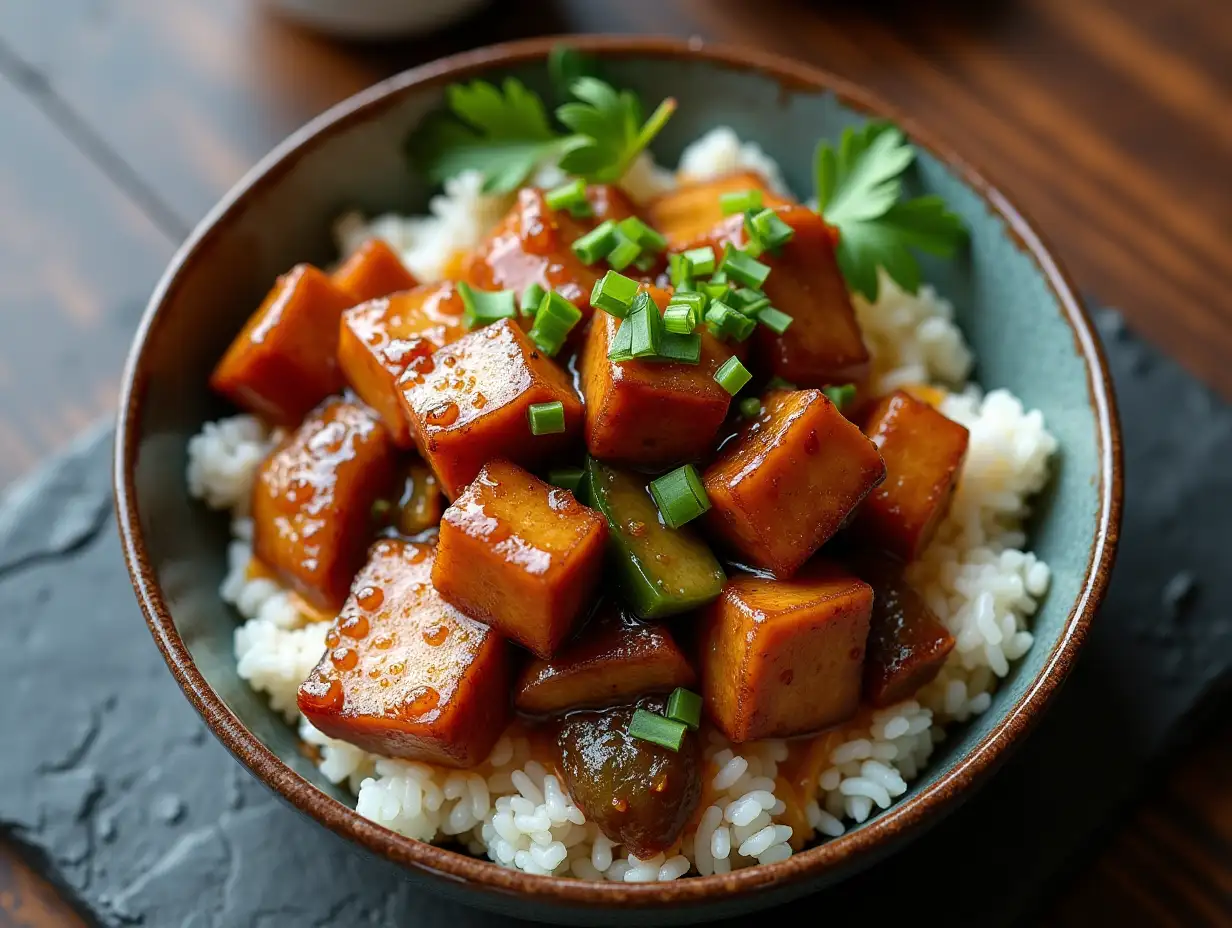 Overhead-Shot-of-Asian-Pork-Belly-with-Mitake-Vegetables-and-Chinese-Rice
