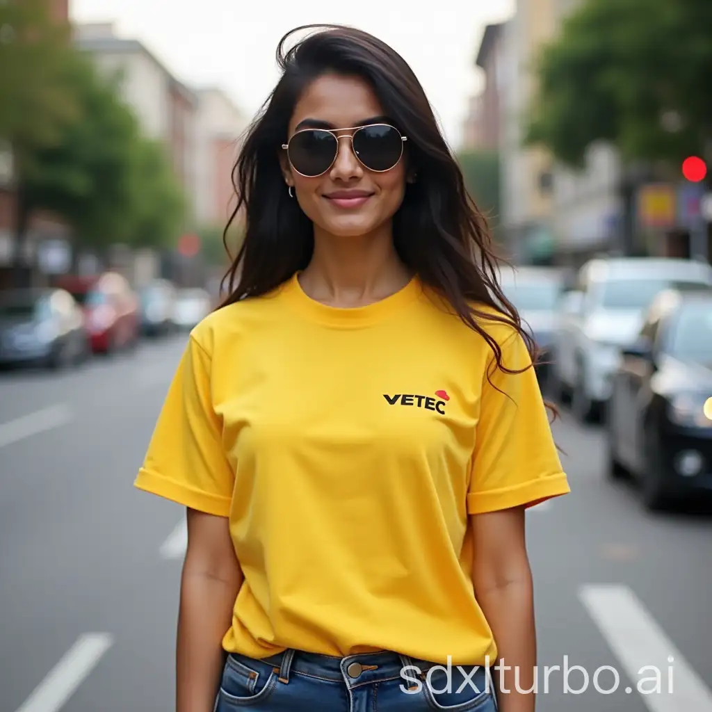 Stylish-Indian-Girl-in-Urban-Casual-Fashion-on-City-Street,yellow t shirt,VETEC logo on the t shirt top.