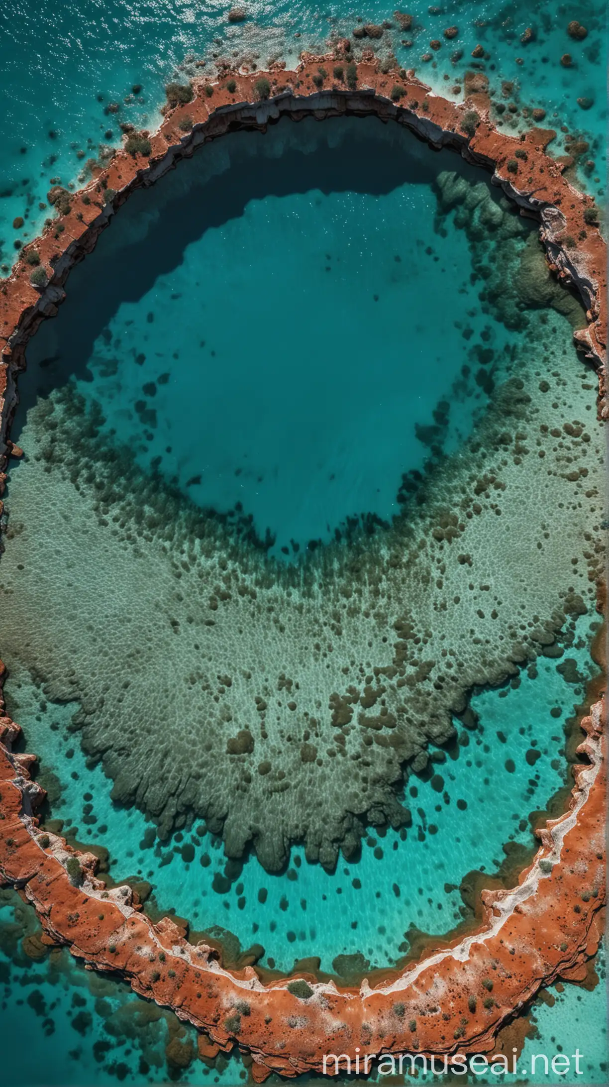 Aerial View of Circular Sinkhole Surrounded by Turquoise Waters