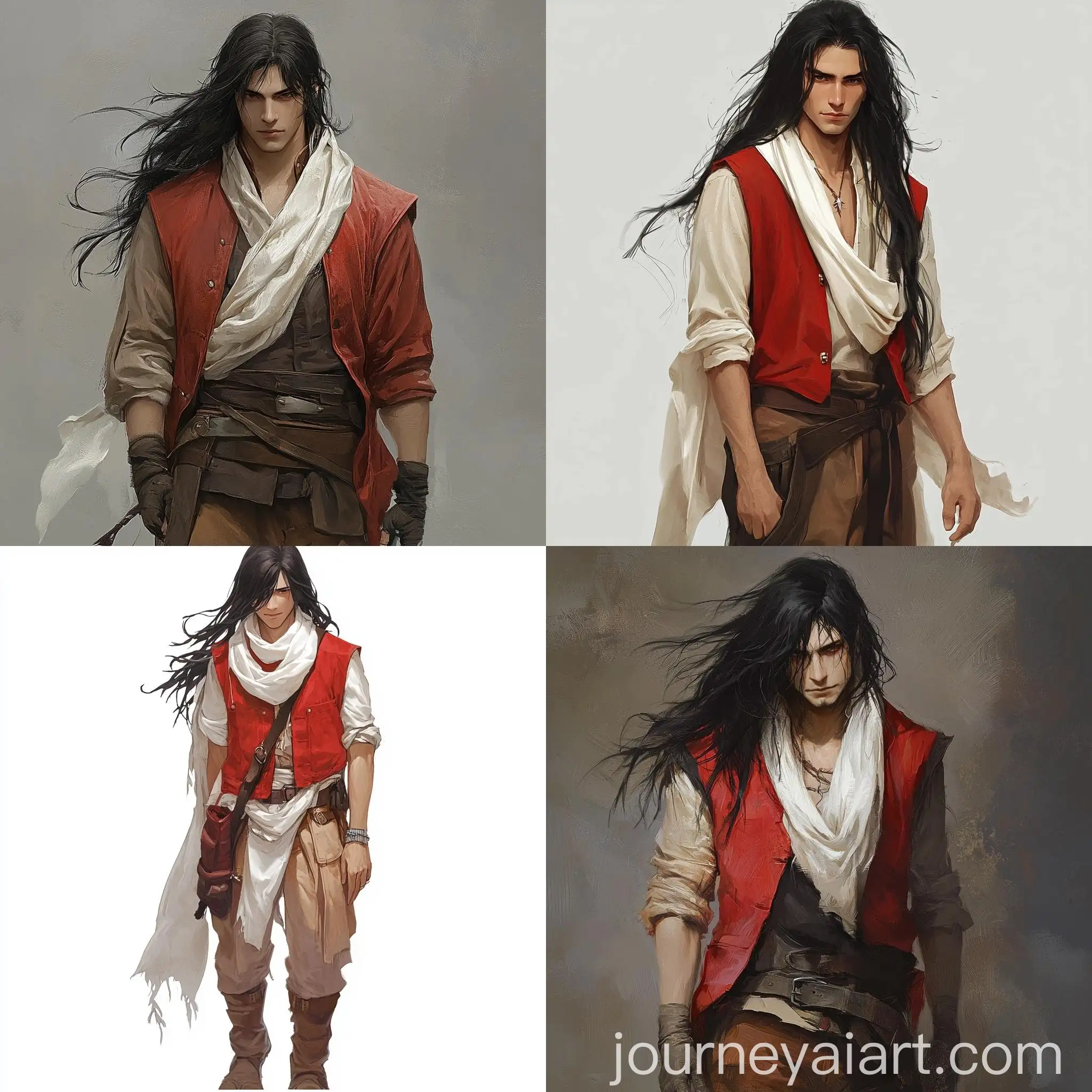 Mysterious-Young-Man-with-Long-Black-Hair-and-White-Scarf-in-Red-Vest