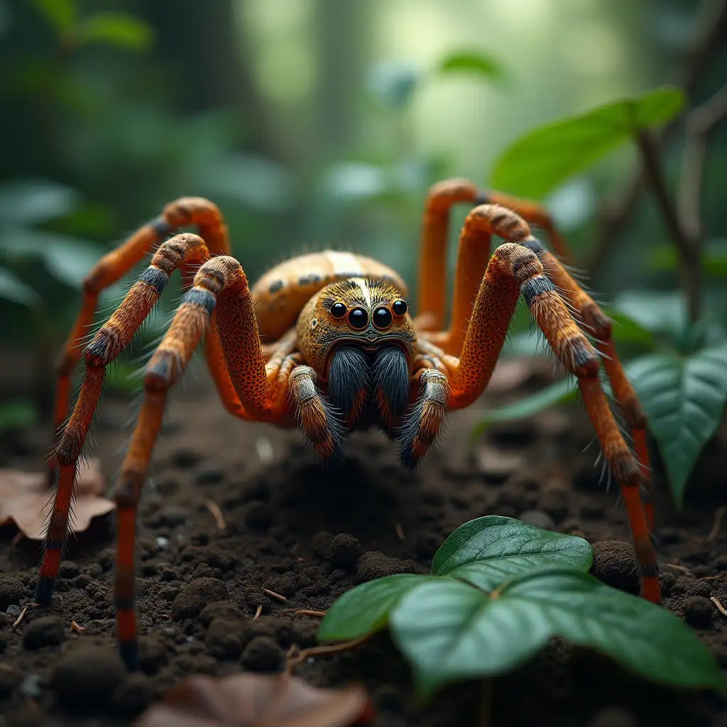 Ultra detailed hyperrealistic portrait of a bird spider on the forest floor with leaves and branches and a lush rainforest/ intricately detailed, colorful plants in the background colorful plants background