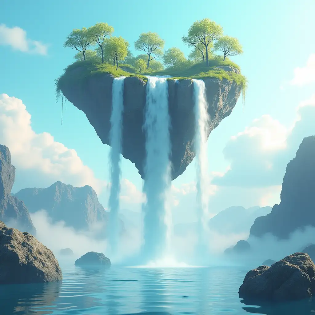 A levitating island in the sky, waterfalls cascading into the void, floating rocks at various depths, dreamlike 3D view