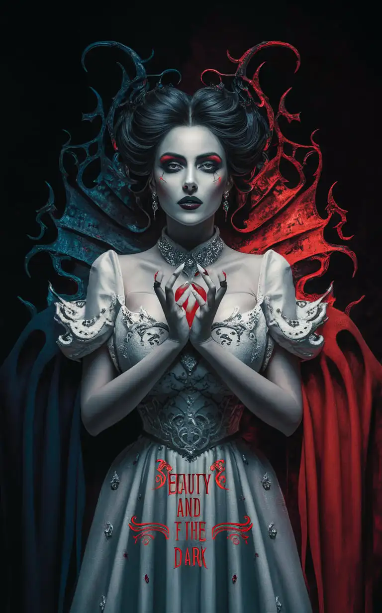 color palette black blue red and white , beautiful woman horror style  beauty and the dark , words in red font 'beauty and the dark'