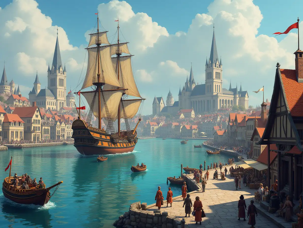 Create a plate with a city, with a large harbor, with a marketplace, with people and a large sailing ship, 4K resolution