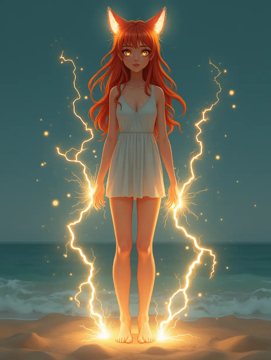 Electro Neco   electric discharges passing through a 17-year-old woman, cat ears on her head, red hair, long, sparkling eyes, standing barefoot in full height on the sand, around the girl I cut sparks of current, detail, clarity, magic, realism,