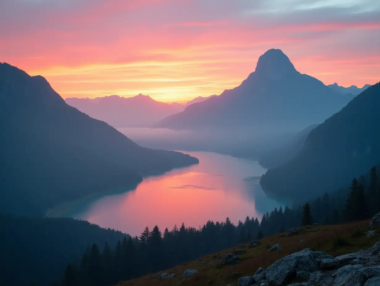 Scenic foggy landscape during sunset. Fantastic morming panorama of mountains. Impressive nature scenery in alps. Atmospheric colorful landscape with misty lake and rocky mount on background.