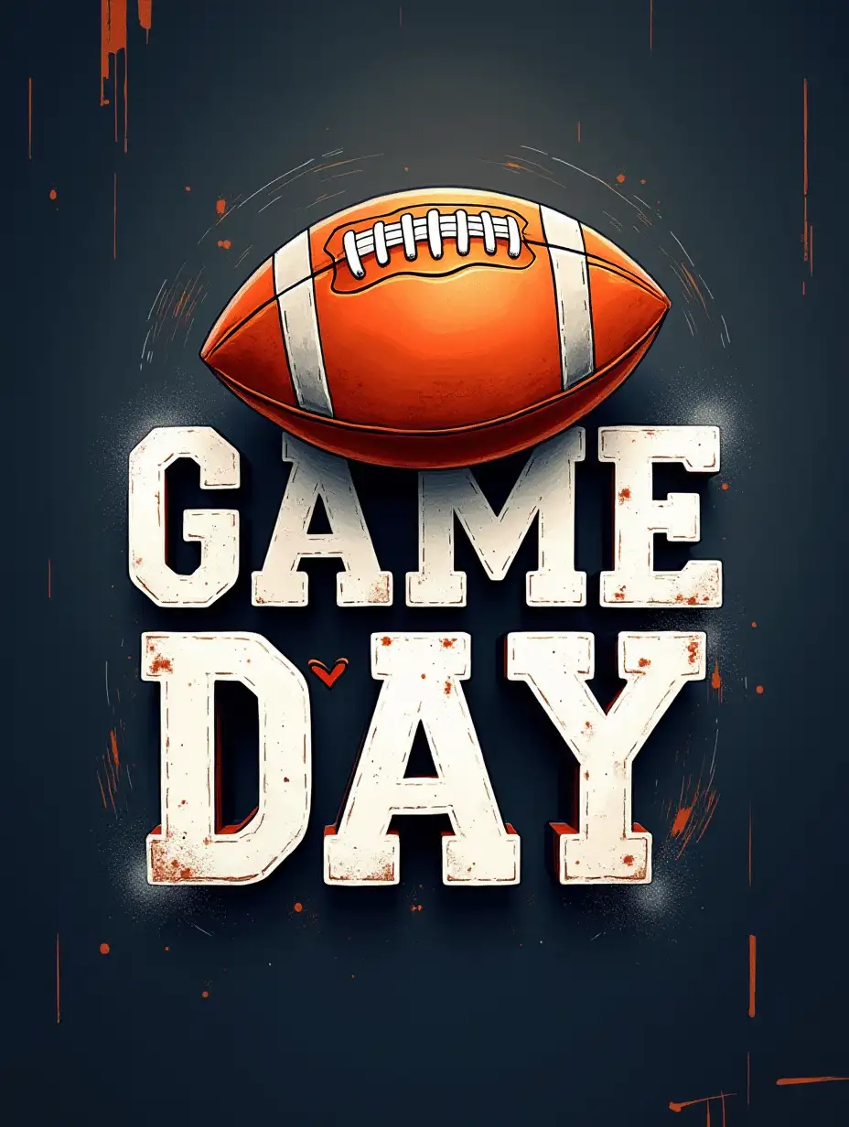 Vector, Watercolor Art. A football outlined in orange sits within the letters 'GAME DAY' written in a bold, stylized font. A small heart is placed beside the word 'DAY'. The background is a dark, textured surface. The image should have a dynamic, sporty aesthetic with contrasting colors and detailed textures. Elements such as the stitches on the football, the texture of the background, and the cursive style of the lettering should be clearly visible.