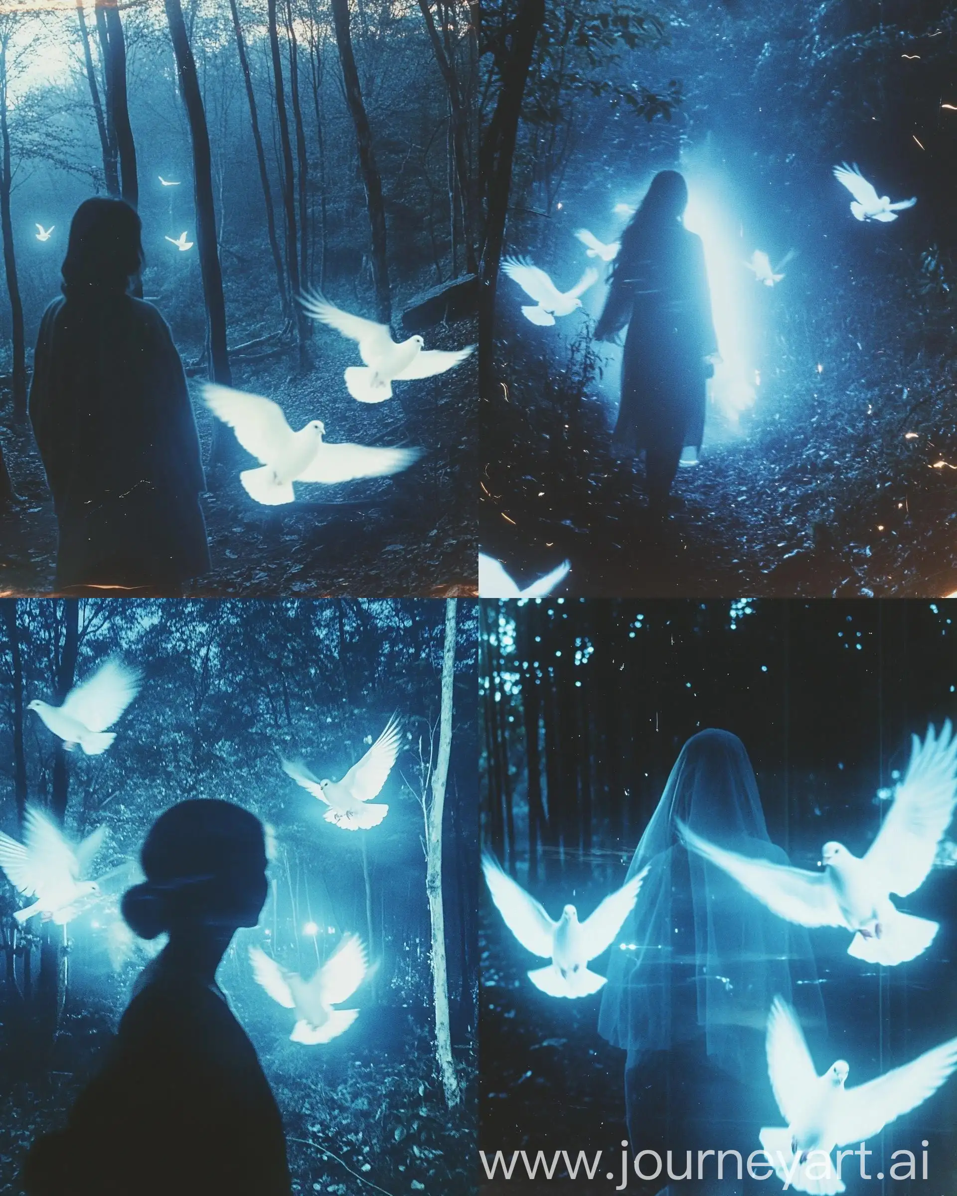 Ethereal-Female-Figure-in-Night-Forest-with-Doves