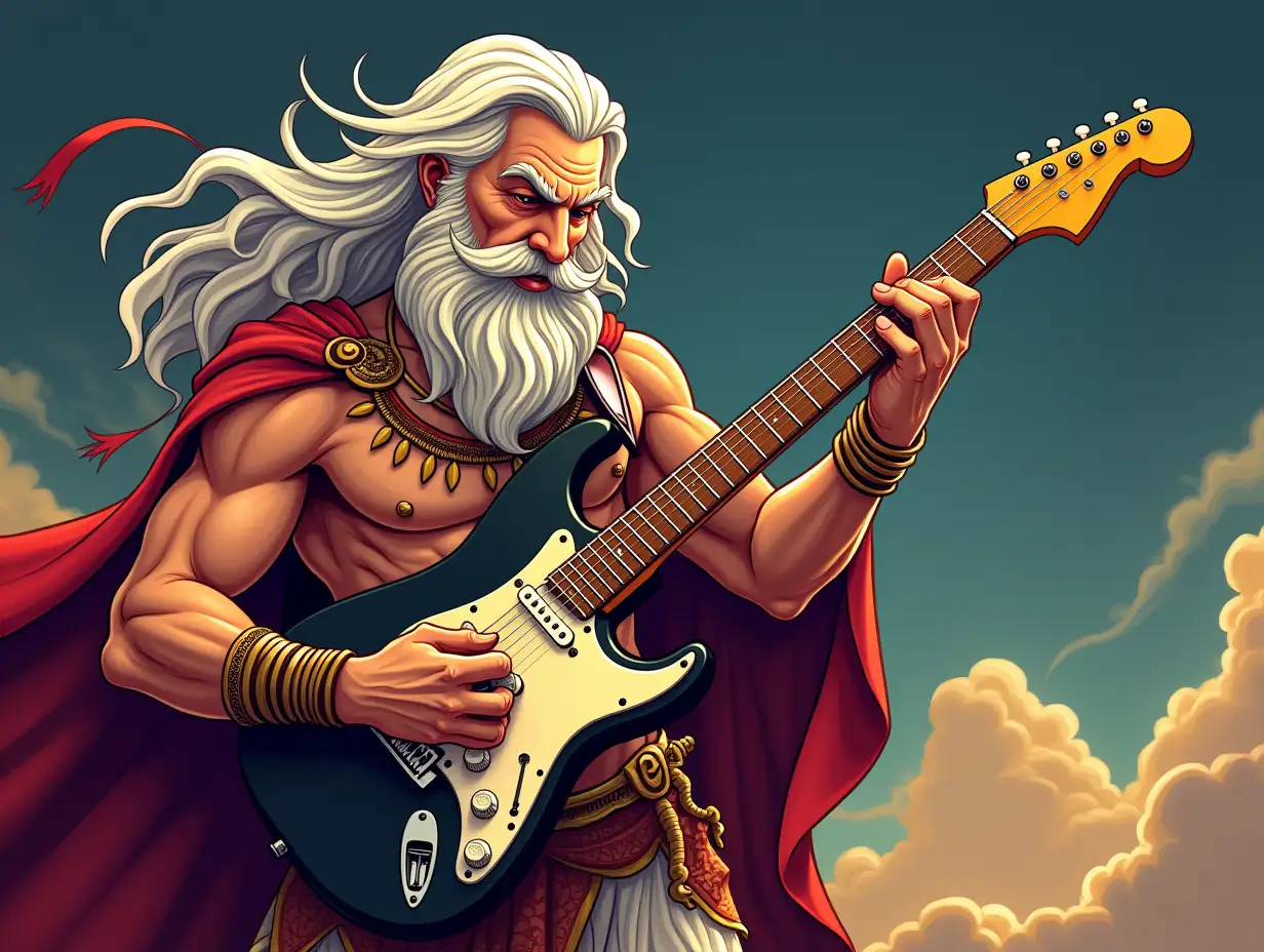 a cartoon image of deity Zeus playing an electric guitar