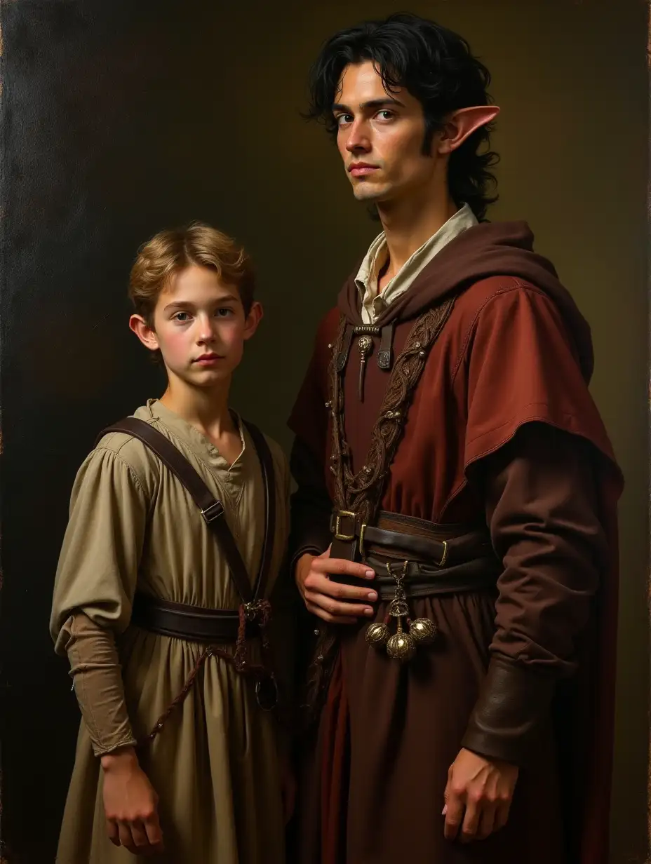 An oil painting in the style of Caravaggio with autumn color palette, a dark-haired male elf and his teenage male son, both are wearing fantasy garments, they are standing facing the viewer in a stance that suggests importance as if they are both from a very important family.