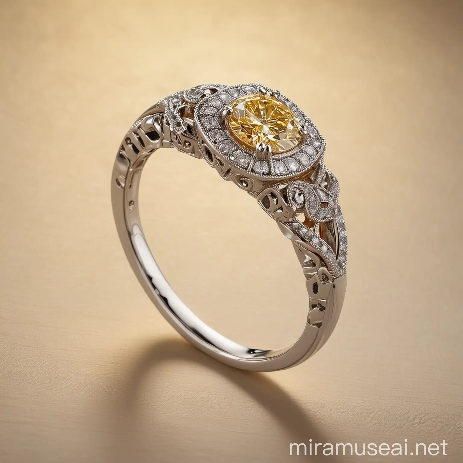 Elegant Silver Diamond Ring Illuminated by Soft Yellow Light