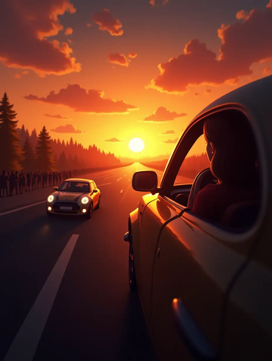 user_prompt: create an image a girl is driving along the road at sunset, make a transition as cars are moving through space where she is greeted by crowds of people with applause and ovations