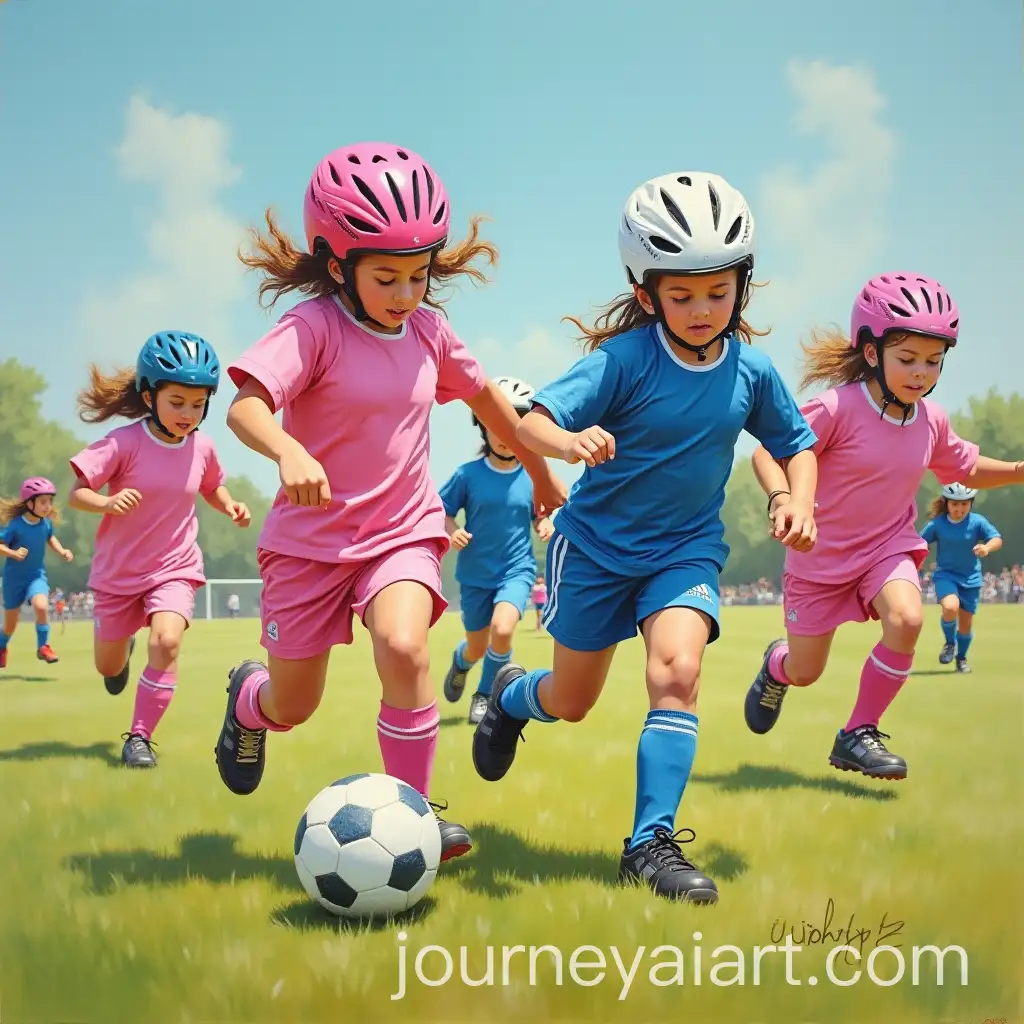 Girls-Playing-Tackle-Soccer-with-Bike-Helmets-in-Pink-and-Blue-Uniforms