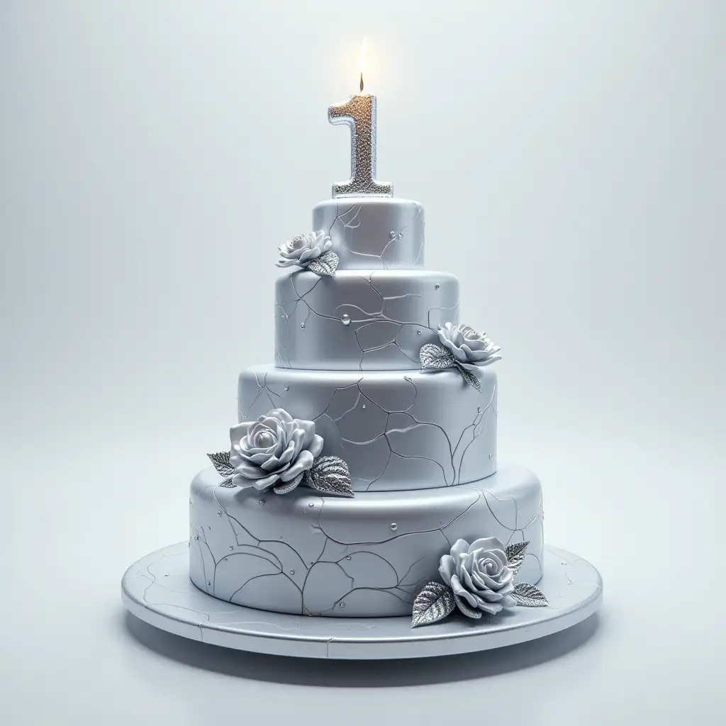 a futuristic, silver, metallic, birthday cake, 3d, high-def,