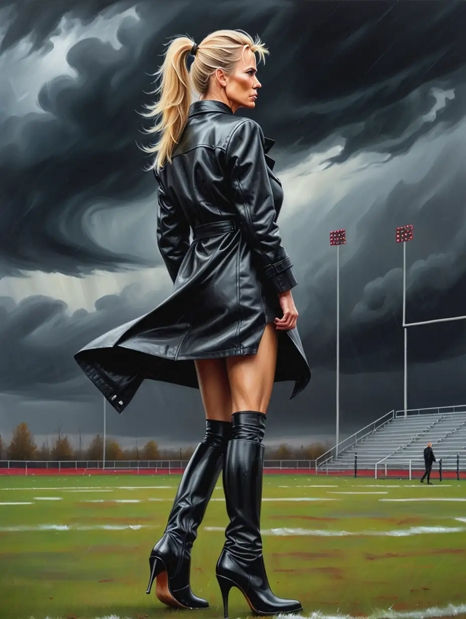 Victorious-Woman-in-Leather-Coat-on-Football-Field-in-Stormy-Weather