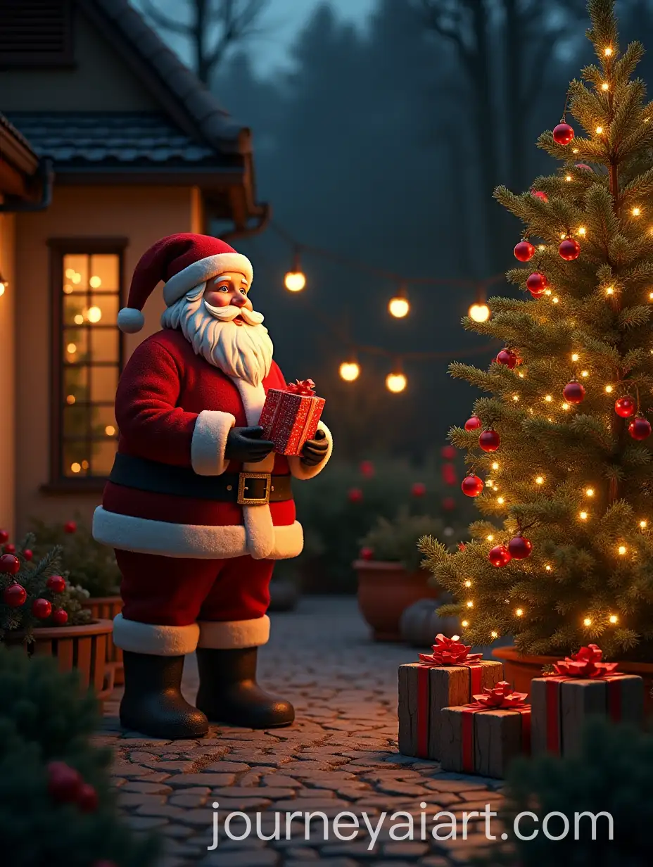 Santa-Standing-with-Gift-in-a-Christmas-Decorated-Garden-at-Night